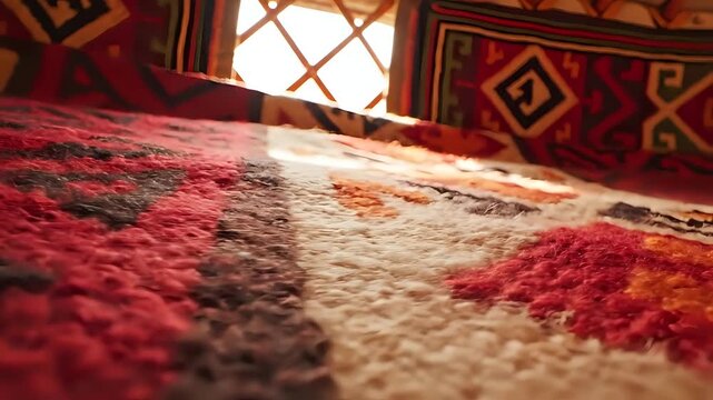 Close-up of a richly textured, colorful rug with geometric patterns near a window.