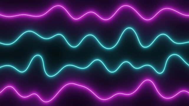 音波のようにゆっくりと振動する紫とシアンのネオングラデーションの波