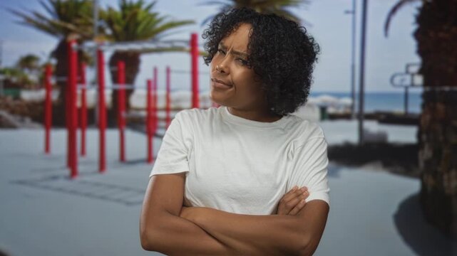 Woman crossing arms at outdoor sports center in front of red training bars and palm trees on a sunny day; skepticism.