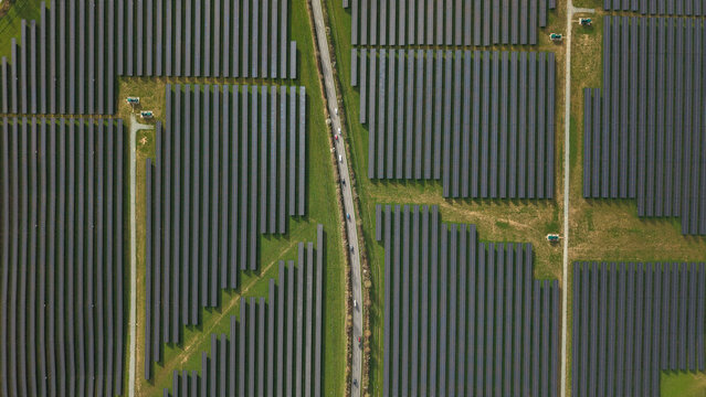 Aerial view of neatly arranged solar panels absorb sunlight beside a narrow road cutting through Goldbeck Solar Crifton South solar farm, Newark, United Kingdom.