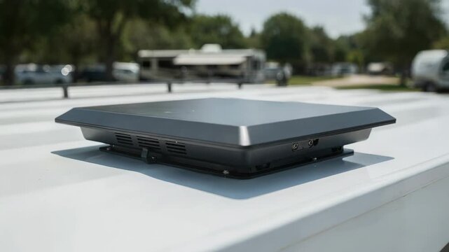 Medium shot of a lowprofile flatpanel satellite terminal mounted on an RV roof with the sleek phasedarray antenna in sharp focus and the background softly blurred.