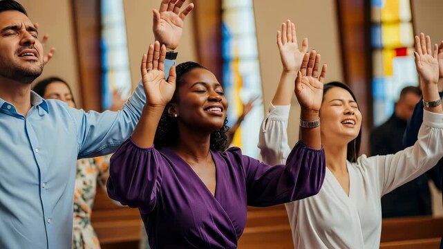 Diverse group of people with hands raised in worship during a christian church service, showing spiritual communion and prayer.