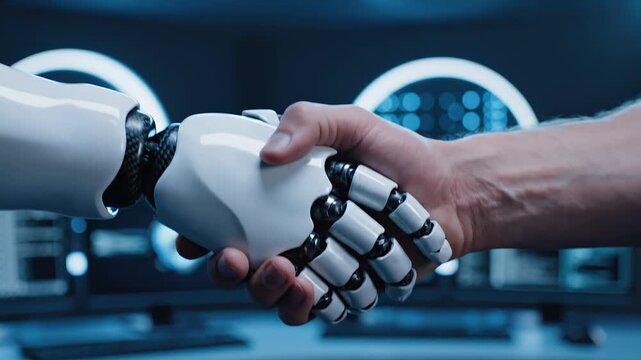 Robot handshake with human hand in futuristic lab scene.