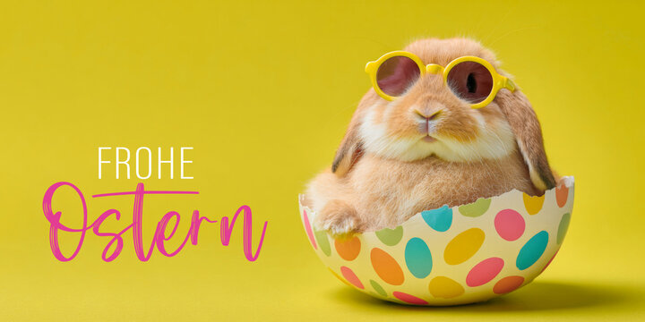 Frohe Ostern Konzept, Ferien Feiertag Gru&szlig;karte, Karte mit deutschem Text - Lustiger Osterhase mit Sonnenbrille sitzt in einem buntem Osterei isoliert auf gelbem Hintergrund