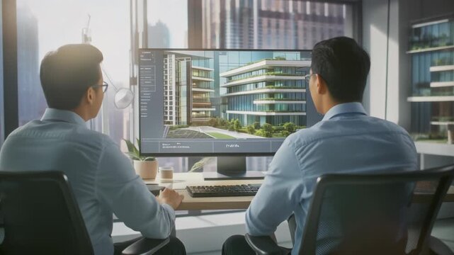 Two professionals review architectural design on large monitor in modern office.