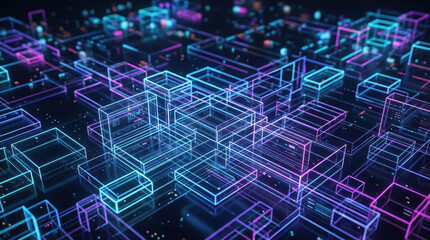 Fototapeta premium Futuristic digital grid with interconnected glowing cubes and lines, neon colors.
