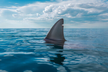 Naklejka premium Shark fin cutting through blue ocean water under cloudy sky