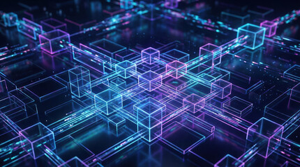 Obraz premium Futuristic digital grid with glowing neon geometric shapes and lines