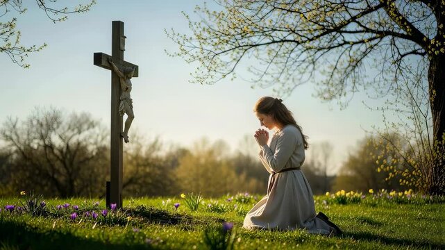 A young woman praying on her knees before a cross in a spring field, showcasing a Christian ritual and devotion for Easter.
