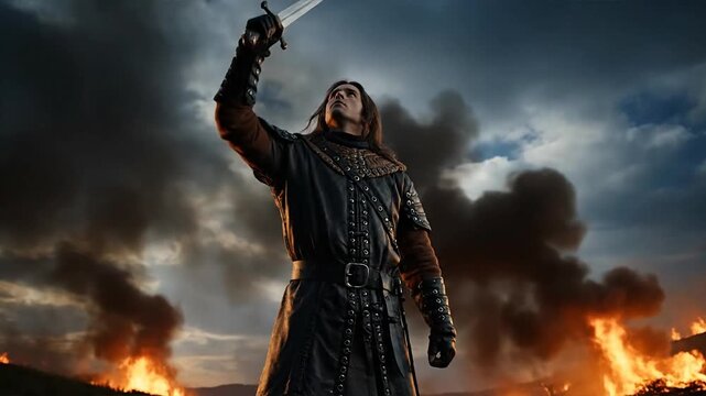 Warrior standing amidst flames with dramatic cloudy sky background