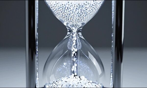 Close up of crystalline sand steadily flowing through a modern hourglass timer device