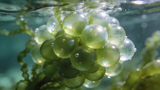Macro Rare Sea Pearl Algae Valonia Ventricosa Bubble-Like Green Spheres Underwater Cluster Ethereal Marine Wellness Calm