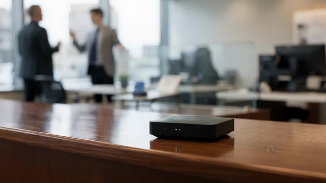 Medium shot of a branch bank office where a wireless backup internet hotspot device stays sharply in focus ensuring uninterrupted network connectivity during outages.