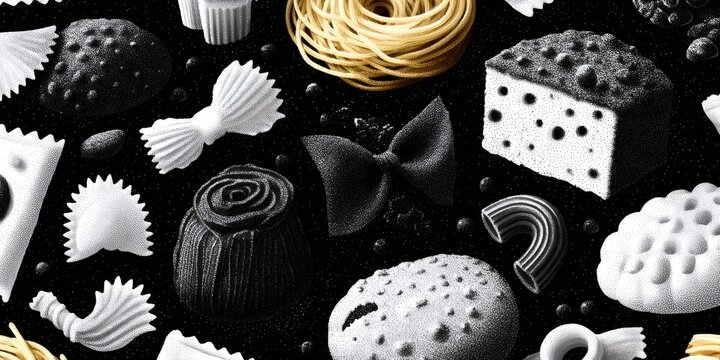 Italian pasta shapes variety with black background