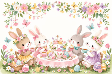 Fototapeta premium Elegant Easter Bunny Tea Party With Floral Decoration Pastel Illustration