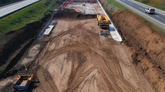 土工の痕跡が残る大規模な高速道路建設プロジェクトに沿って進む空撮