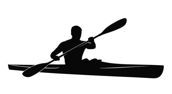 A silhouetted image depicts a person actively kayaking on the water showcasing the sport s focus and serenity high quality