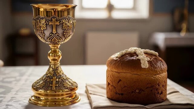 Chalice and Easter bread on altar table, representing eucharist and Christian tradition. Religious symbolism for communion and holiday celebration.
