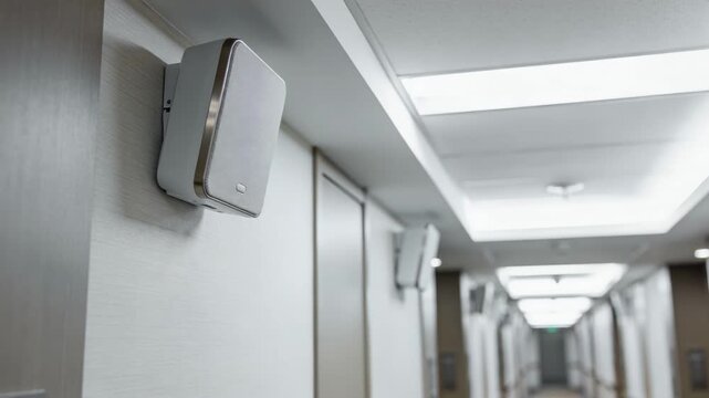Sharp image of ceilingmounted access points in a hotel hallway the corridor fading softly behind illustrating robust WiFi coverage for long guest stays.