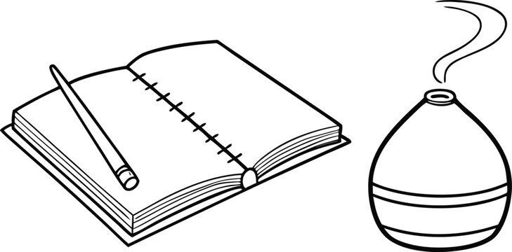 Minimalist black and white line art vector illustration of an open spiral notebook with a pencil and a steaming essential oil diffuser, perfect for wellness and study themes.
