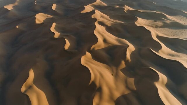強い日差しの下で抽象的なパターンを形成する砂漠の砂丘の高高度空撮
