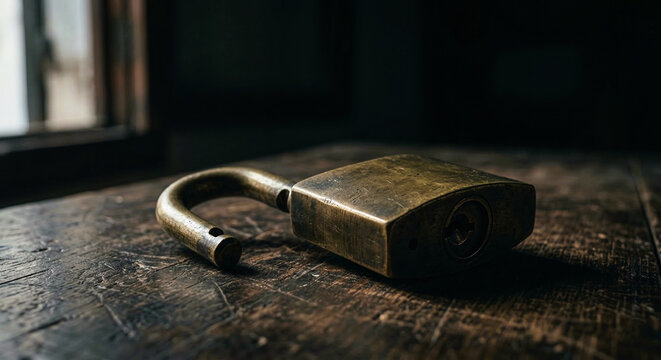 Antique Brass Padlock Resting Open on a Scratched Wooden Table