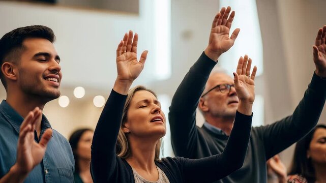 Diverse group of people with raised hands worshipping God. Church congregation praying and singing during Christian ritual service.