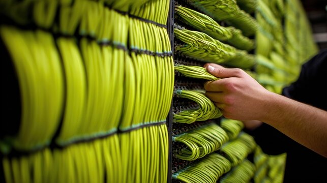 Packaging neon cables precisely. Preparing bundles for shipping efficiently. Worker meticulously organizes neon cable bundles with labels and protective packaging for timely dispatch
