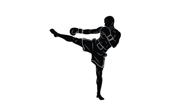 A striking silhouette depicts a muay thai fighter executing a powerful roundhouse kick showcasing athletic prowess high quality professional