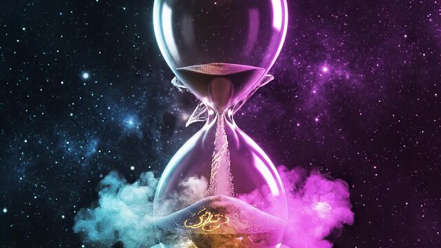 Glowing hourglass with gold sand in space