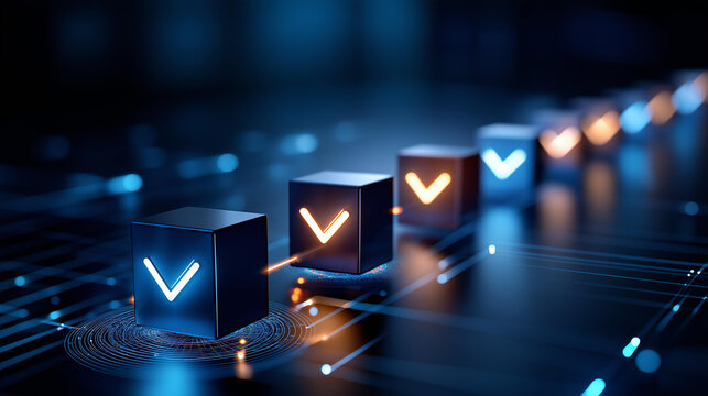 Automated data filtering and quality control concept with blocks passing through a digital tube into an organized grid with a checkmark on a blue background, tech workflow