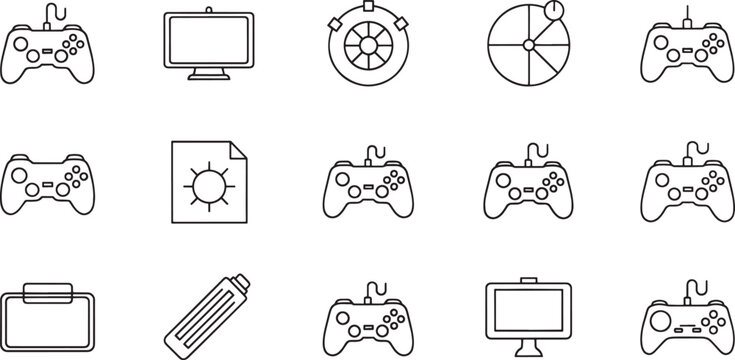Collection of black outline for gaming and technology on white background game controller gamepad joystick