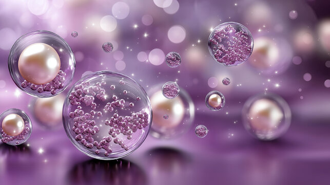 Abstract 3D macro microcapsules suspended in a glossy serum with sparkling pearly particles, cosmetic skincare ingredient delivery and formulation concept, with copy space