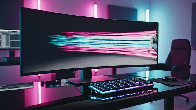 Man skateboarding on computer screen with keyboard and chair