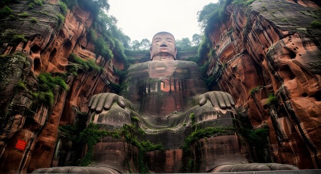 Giant Buddha Statue Carved into Cliffside in China.