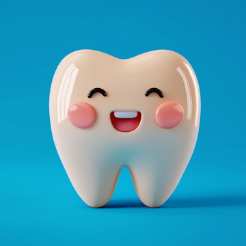 A happy cartoon tooth with a smiling face and colorful cheeks stands against a bright blue background, promoting dental health and cheerful oral care concepts for children