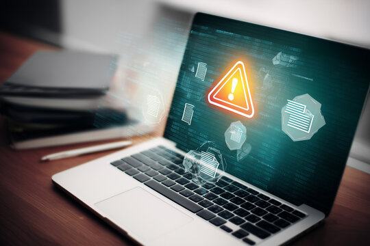 Computador com &iacute;cone de aviso destacando amea&ccedil;as digitais, riscos de seguran&ccedil;a e vulnerabilidade