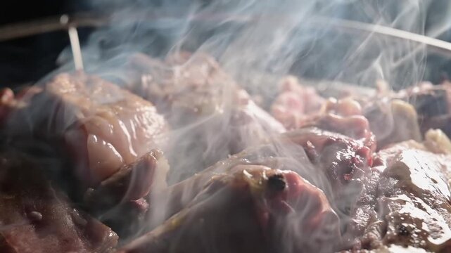 Close-up video of Easter lamb cooking on a barbecue grill while being brushed with fresh rosemary. Juicy meat sizzling over heat with aromatic herbs. Concept of traditional holiday cooking