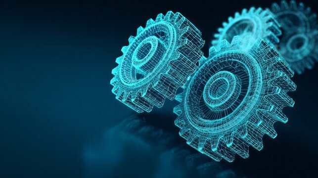 Interlocking wireframe cogs illustrate digital mechanism concept against dark blue background