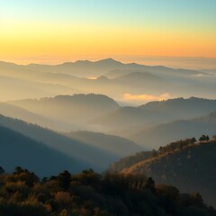Obraz premium Misty Mountain Landscape with Layered Foggy Peaks at Golden Hour