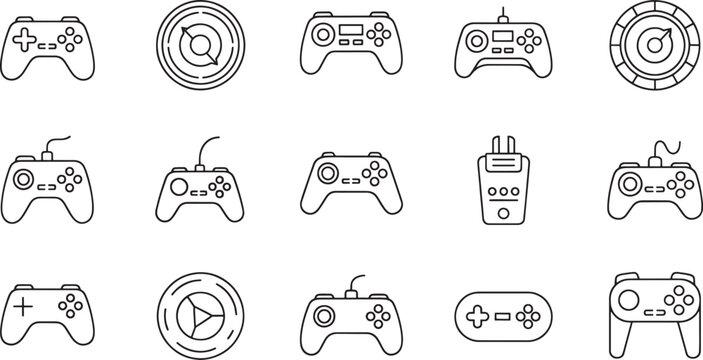 Collection of line game controllers and circular gamepad joystick gaming