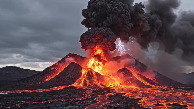Volcano eruption with lava and smoke in a desolate landscape