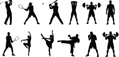 Fototapeta premium Diverse collection of black silhouettes featuring athletes and performers in sports like golf, tennis, baseball, ballet, martial arts, and weightlifting.