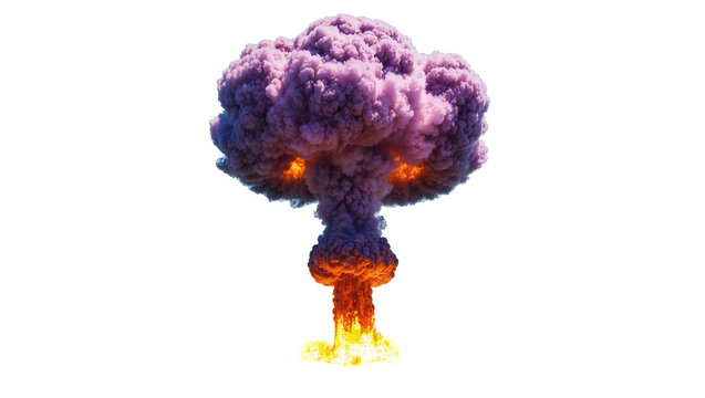 Isolated powerful nuclear explosion mushroom cloud with intense fiery orange base and billowing smoke