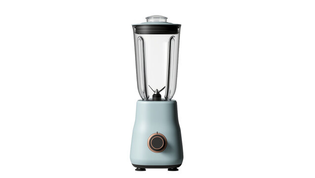 Isolated modern retro light blue kitchen blender with clear glass jar and control knob