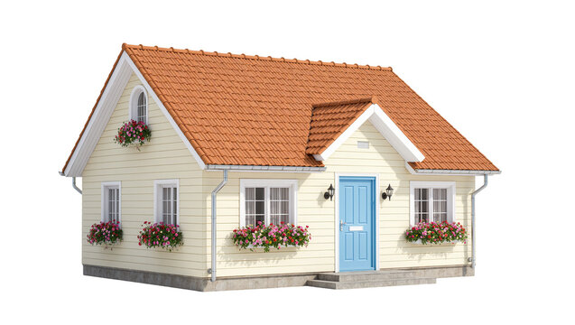 Isolated charming small house with light yellow siding, terracotta roof, and bright blue front door.