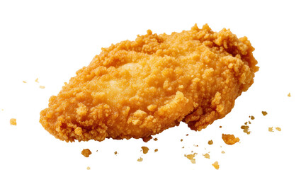 Isolated delicious crispy golden brown fried chicken tender with crunchy textured breading. © Hannah