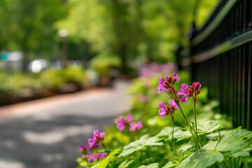 Obraz premium Pink geranium flowers blooming vibrant green foliage along a black metal railing in a public park garden on a sunny day