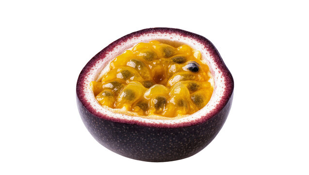 Isolated fresh halved passion fruit with vibrant yellow pulp and black seeds, healthy tropical food