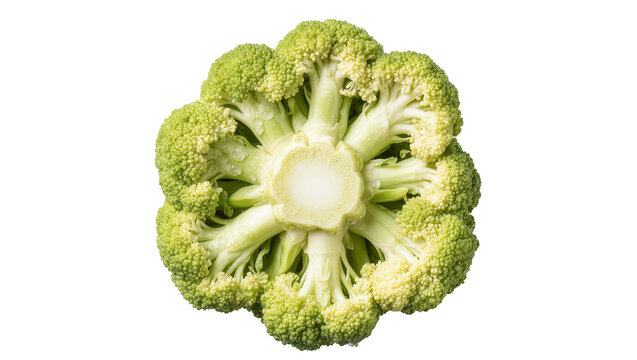 Isolated fresh green broccoli head cross-section displaying healthy natural raw organic vegetable food